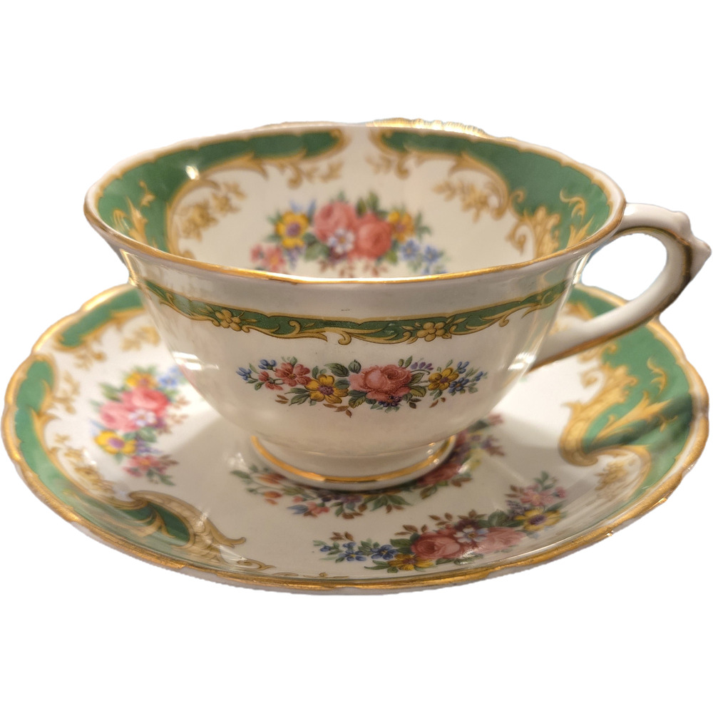 Vintage Tuscan Fine Bone China Tea Cup and Saucer Set "Naples" Green & Gold